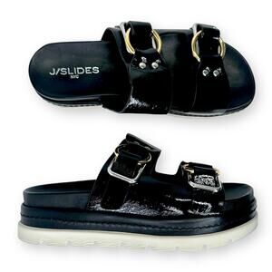 J Slides Baha Leather Double Buckle Slide Sandals US 7.5 Black Patent Platform